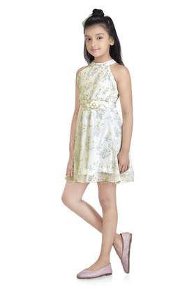 printed polyester round neck girls party wear dress - lemon