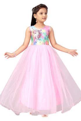 printed polyester round neck girls party wear gown - pink