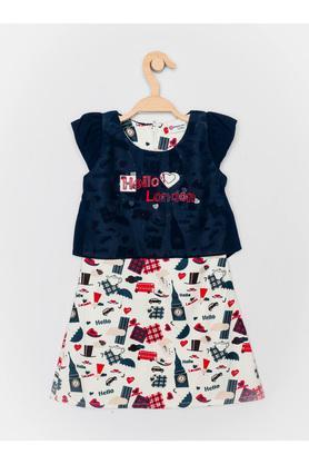 printed polyester round neck girls top bottom set - navy