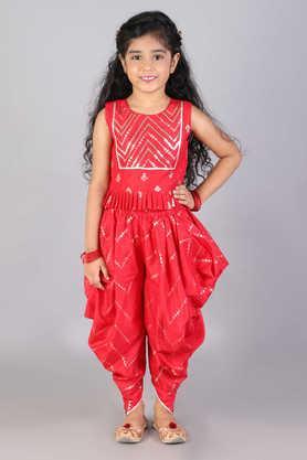 printed polyester round neck girls top dhoti set - red