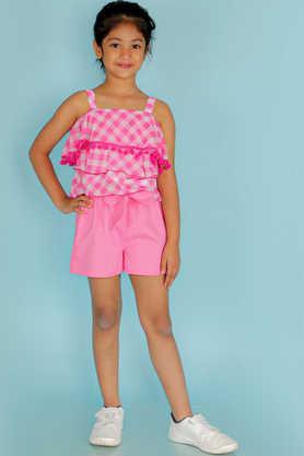 printed polyester round neck girls top shorts set - pink