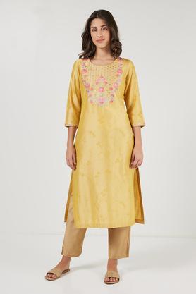 printed polyester round neck women's festive wear straight kurta - yellow