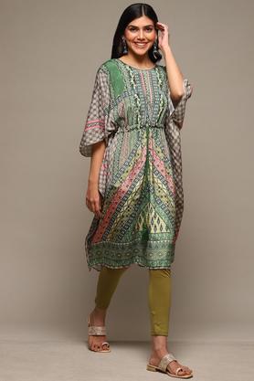 printed polyester round neck women's kaftan - green