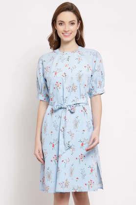 printed polyester round neck women's knee length dress - blue