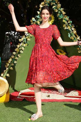 printed polyester round neck women's knee length dress - red