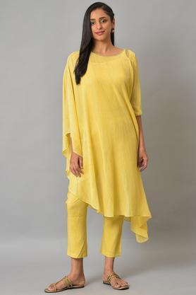 printed polyester round neck women's kurta pant set - yellow