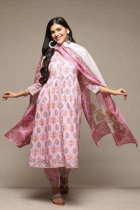 printed polyester round neck women's kurta trouser dupatta set - lilac