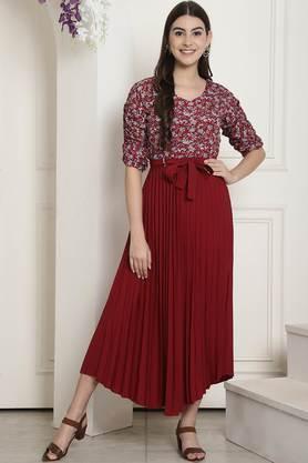 printed polyester round neck women's midi dress - maroon