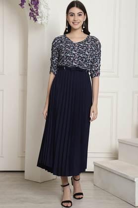 printed polyester round neck women's midi dress - navy
