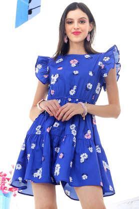 printed polyester round neck women's mini dress - blue