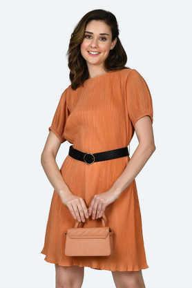 printed polyester round neck women's mini dress - orange