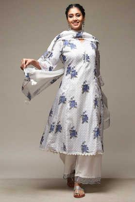 printed polyester round neck women's salwar kurta dupatta set - off white