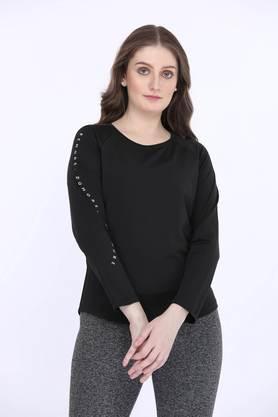 printed polyester round neck women's t-shirt - black