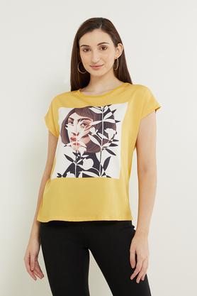 printed polyester round neck women's t-shirt - yellow