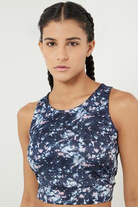printed polyester round neck women's top - navy