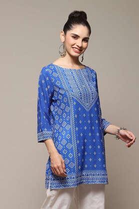 printed polyester round neck women's tunic - royal blue