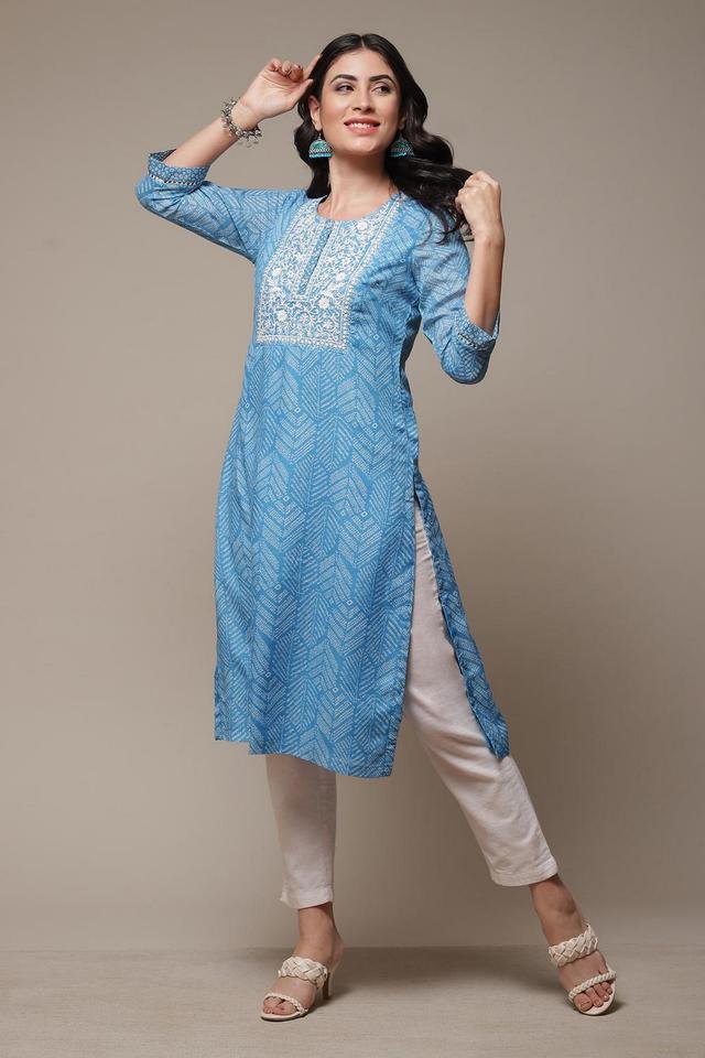 printed polyester round neck womens kurta