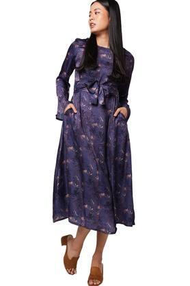 printed polyester round neck womens maxi dress - dark blue