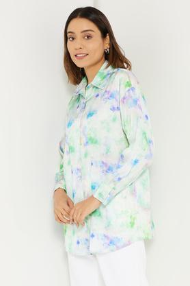 printed polyester satin collar neck women's shirt - green