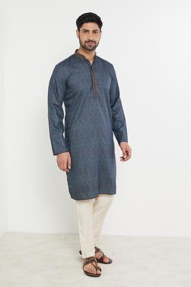 printed polyester slim fit men's long kurta - navy