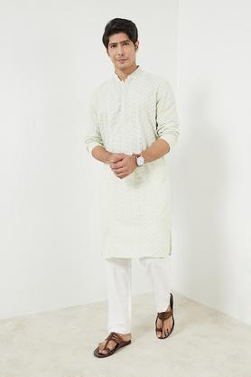 printed polyester slim fit men's long kurta - pista green