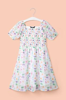 printed polyester square neck girl's casual wear dress - multi
