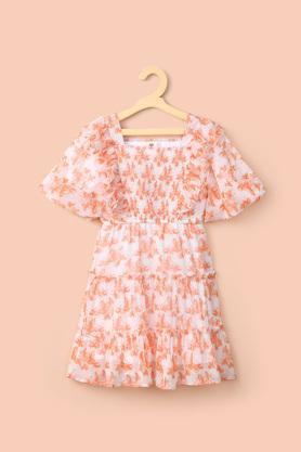 printed polyester square neck girl's casual wear dress - orange