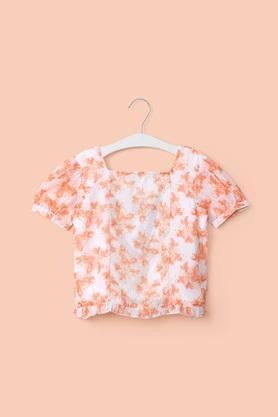 printed polyester square neck girl's top - orange