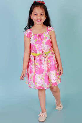 printed polyester square neck girls casual dress - pink
