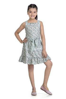 printed polyester square neck girls casual wear dress - green