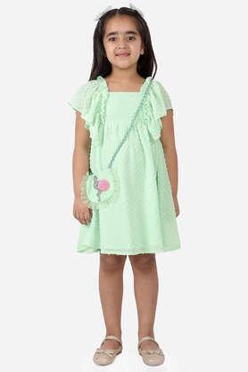 printed polyester square neck girls dress - green