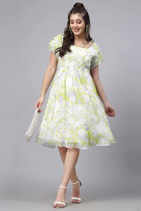 printed polyester square neck women's dress - yellow