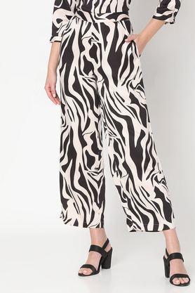 printed polyester straight fit women's trousers - black