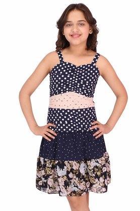 printed polyester sweetheart neck girls casual wear dress - navy