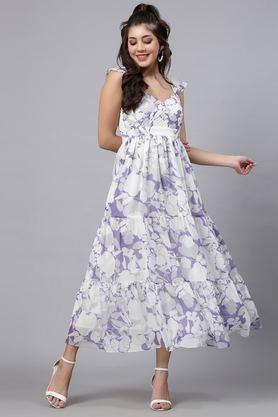 printed polyester sweetheart neck women's dress - lavender