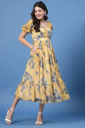 printed polyester sweetheart neck women's dress - mustard