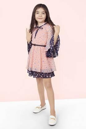 printed polyester tie up neck� girls dress - pink