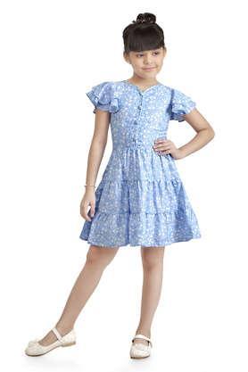 printed polyester v-neck girls casual wear dress - blue