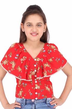 printed polyester v-neck girls top - red
