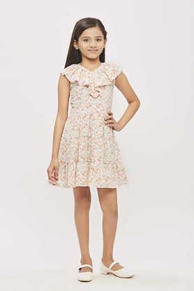 printed polyester v neck party wear girls dress - peach