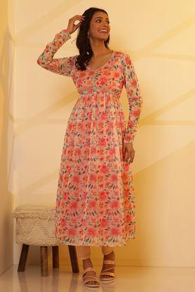 printed polyester v-neck women's casual wear kurta - pink