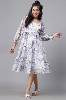 printed polyester v-neck women's dress - lavender
