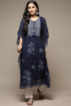 printed polyester v neck women's kaftan - indigo