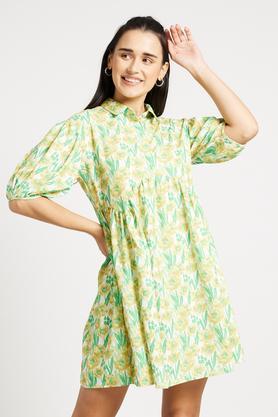 printed polyester v neck women's knee length dress - green