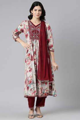 printed polyester v-neck women's kurta pant dupatta set - maroon