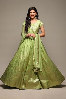 printed polyester v neck women's lehenga choli set - green