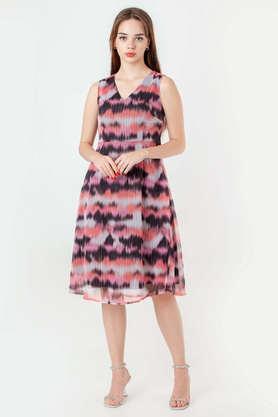 printed polyester v-neck women's midi dress - multi