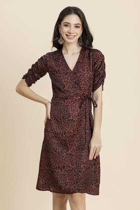 printed polyester v-neck women's mini dress - brown