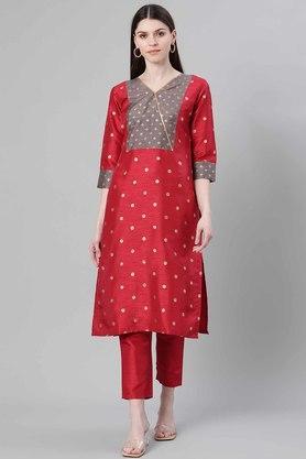 printed polyester v neck women's straight kurta - red