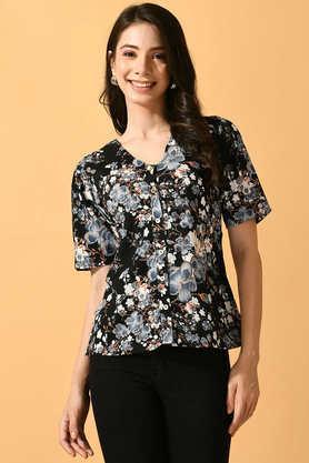 printed polyester v-neck women's top - black